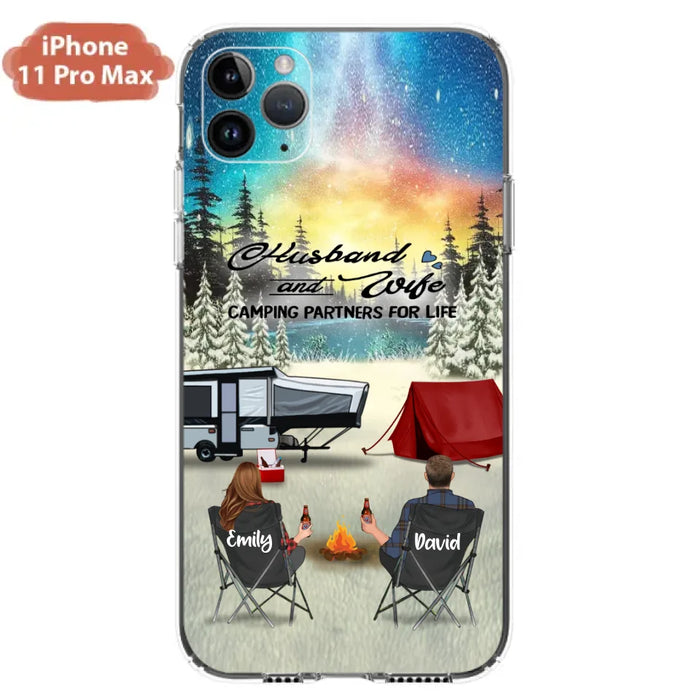 Custom Personalized Camping Xmas Phone Case - Christmas Gift For Camping Family/Couple/Single Parent/Solo - Upto 3 Kids and 4 Pets - Husband And Wife Camping Partners For Life - Case For iPhone And Samsung