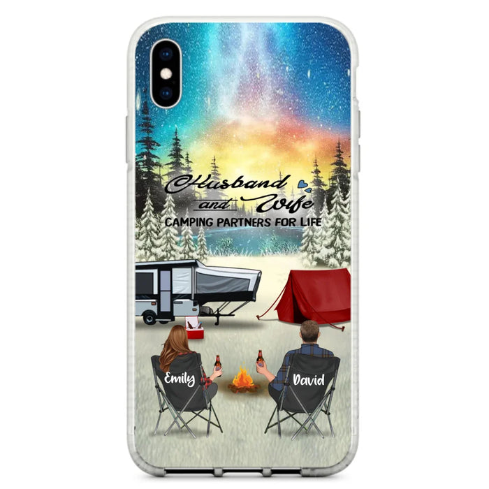 Custom Personalized Camping Xmas Phone Case - Christmas Gift For Camping Family/Couple/Single Parent/Solo - Upto 3 Kids and 4 Pets - Husband And Wife Camping Partners For Life - Case For iPhone And Samsung