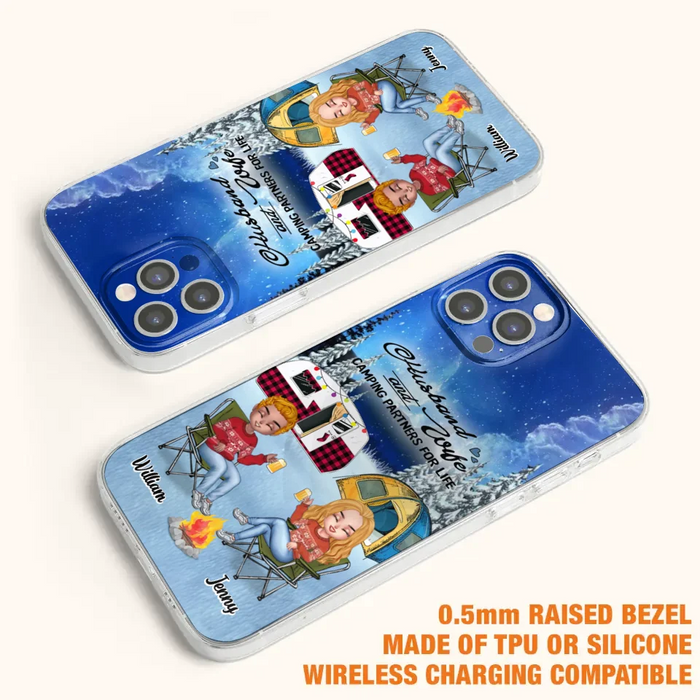 Custom Personalized Camping Couple Xmas Phone Case - Christmas Gift For Couple/ Camping Lover/ Dog Lover - Couple With Upto 4 Dogs - Husband And Wife Camping Partners For Life - Case For iPhone And Samsung