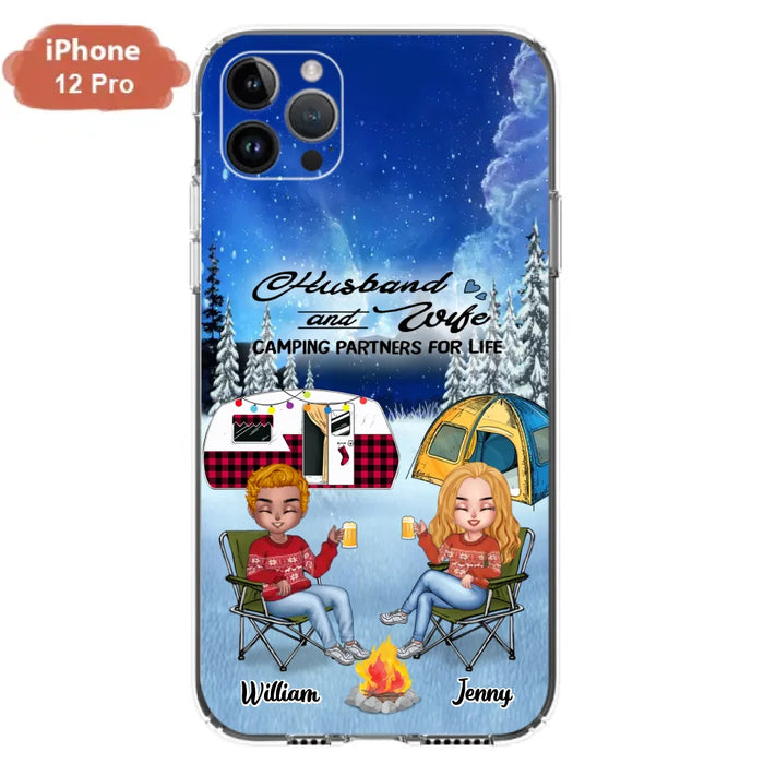 Custom Personalized Camping Couple Xmas Phone Case - Christmas Gift For Couple/ Camping Lover/ Dog Lover - Couple With Upto 4 Dogs - Husband And Wife Camping Partners For Life - Case For iPhone And Samsung