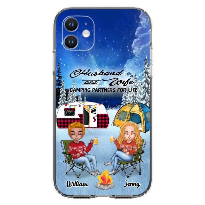 Custom Personalized Camping Couple Xmas Phone Case - Christmas Gift For Couple/ Camping Lover/ Dog Lover - Couple With Upto 4 Dogs - Husband And Wife Camping Partners For Life - Case For iPhone And Samsung