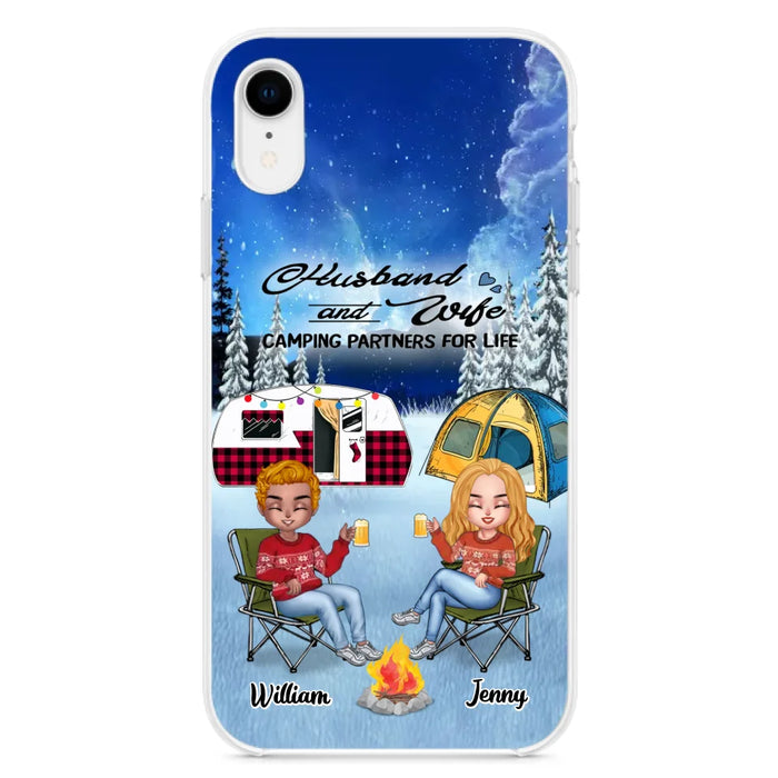 Custom Personalized Camping Couple Xmas Phone Case - Christmas Gift For Couple/ Camping Lover/ Dog Lover - Couple With Upto 4 Dogs - Husband And Wife Camping Partners For Life - Case For iPhone And Samsung