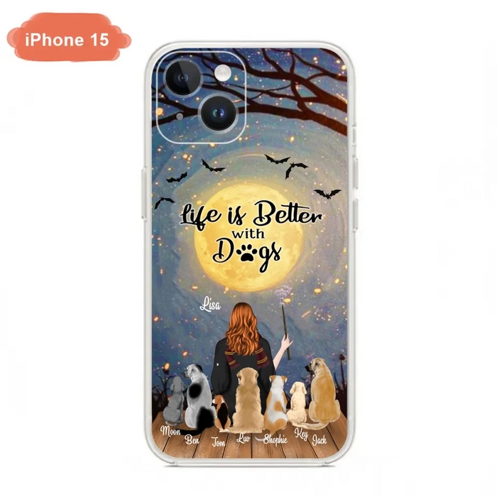 Custom Personalized Witch Phone Case - Upto 7 Dogs - Gift For Dog Lovers - Life Is Better With Dogs