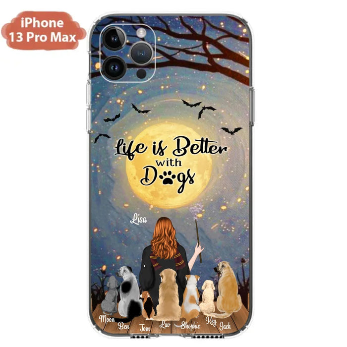 Custom Personalized Witch Phone Case - Upto 7 Dogs - Gift For Dog Lovers - Life Is Better With Dogs