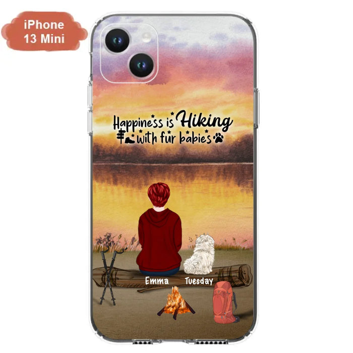 Custom Personalized Hiking Phone Case - Man/ Woman/ Couple With Upto 4 Pets - Gift For Cat/ Dog Lover - Happiness Is Hiking With Fur Babies - Case For iPhone And Samsung