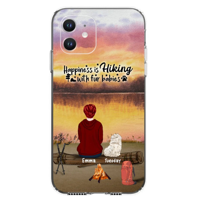 Custom Personalized Hiking Phone Case - Man/ Woman/ Couple With Upto 4 Pets - Gift For Cat/ Dog Lover - Happiness Is Hiking With Fur Babies - Case For iPhone And Samsung