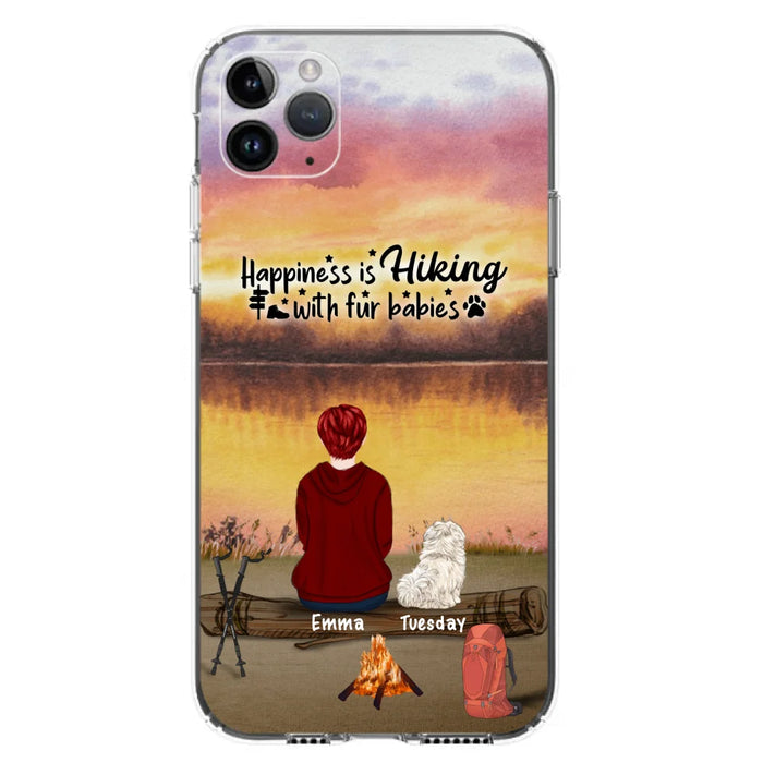 Custom Personalized Hiking Phone Case - Man/ Woman/ Couple With Upto 4 Pets - Gift For Cat/ Dog Lover - Happiness Is Hiking With Fur Babies - Case For iPhone And Samsung