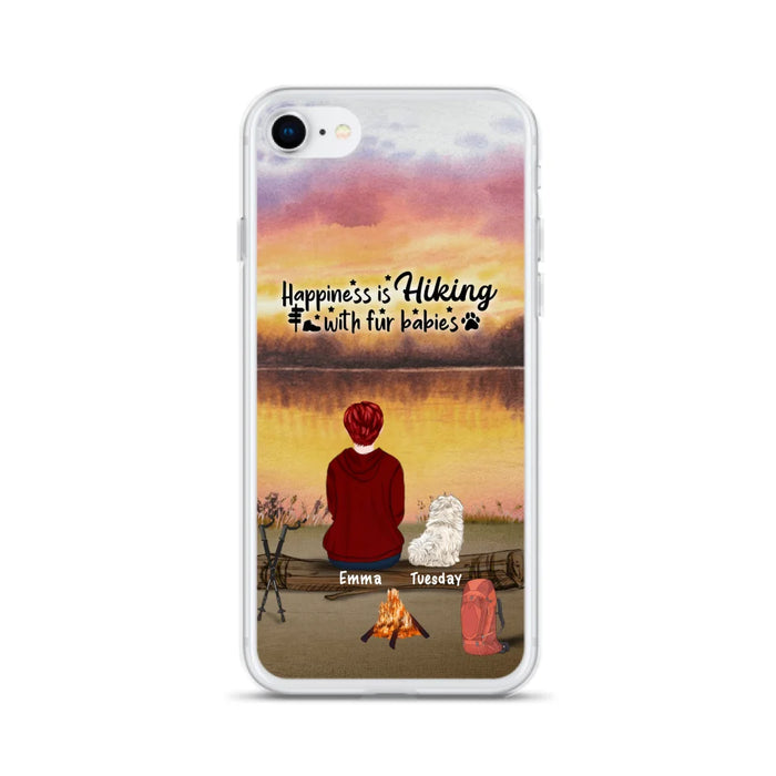 Custom Personalized Hiking Phone Case - Man/ Woman/ Couple With Upto 4 Pets - Gift For Cat/ Dog Lover - Happiness Is Hiking With Fur Babies - Case For iPhone And Samsung