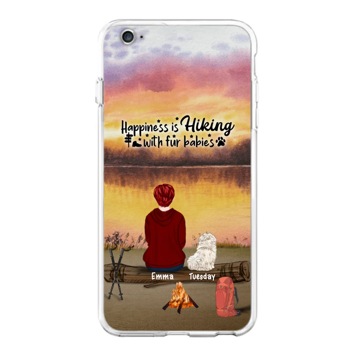 Custom Personalized Hiking Phone Case - Man/ Woman/ Couple With Upto 4 Pets - Gift For Cat/ Dog Lover - Happiness Is Hiking With Fur Babies - Case For iPhone And Samsung