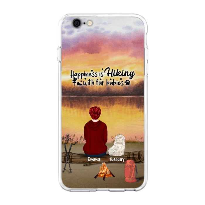 Custom Personalized Hiking Phone Case - Man/ Woman/ Couple With Upto 4 Pets - Gift For Cat/ Dog Lover - Happiness Is Hiking With Fur Babies - Case For iPhone And Samsung