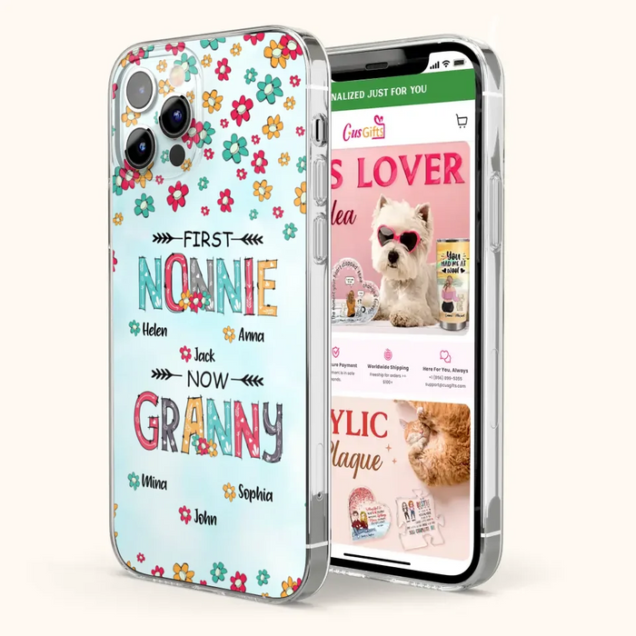 Custom Personalized Grandma Phone Case - Upto 4 Kids And 8 Grandkids - Mother's Day Gift Idea for Grandma - First Mom Now Nana Kid And Grandkids Flower Pattern - Case For iPhone And Samsung