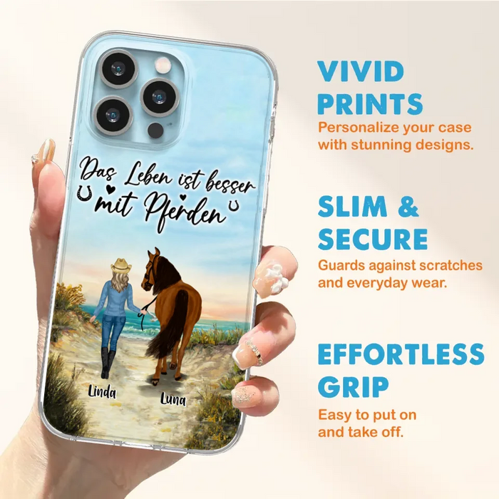 Custom Personalized Horse Girl Phone Case - Gift Idea For Horse Lovers/Girl - Upto 6 Horses - Das Leben Ist Besser Mit Pferden - Cases For iPhone/Samsung