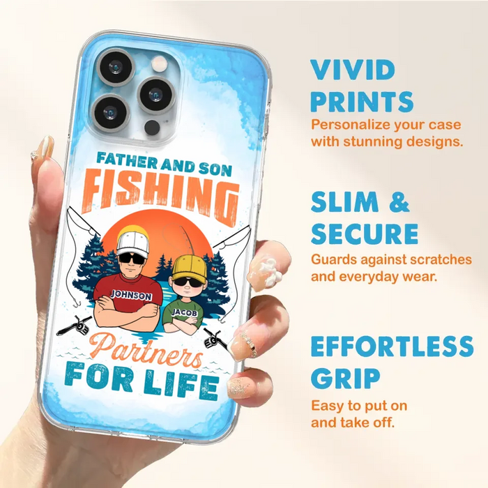 Custom Personalized Father And Son Fishing Phone Case For iPhone And Samsung - Dad With Upto 3 Children - Gift Idea For Father/ Son/ Daughter/ Father's Day/ Fishing Lover - Father And Son Fishing Partners For Life