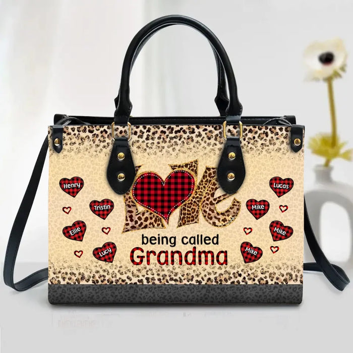 Personalized Grandma PU Leather Handbag With Long Straps - Gift Idea For Grandma - Up to 8 Kids - Love Being Called Grandma