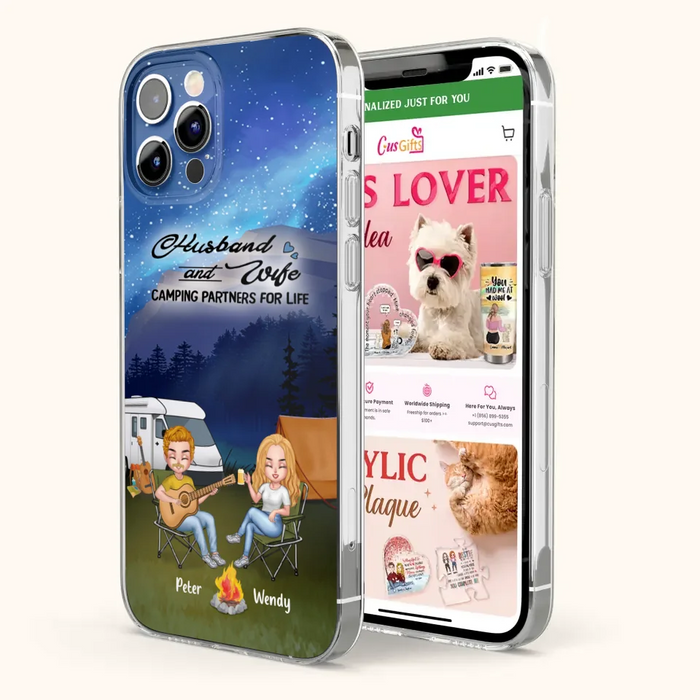 Custom Personalized Guitar Camping Phone Case for iPhone and Samsung - Gift For Camping Lovers, Dog Lovers with up to 2 Dogs - Husband and Wife Camping Partners For Life