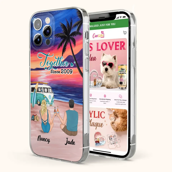 Personalized Beach Camping Phone Case - Gifts For Camping/Dog/Cat Lover With Up to 3 Kids And 3 Pets - This Is Our Happy Place - Case For iPhone And Samsung