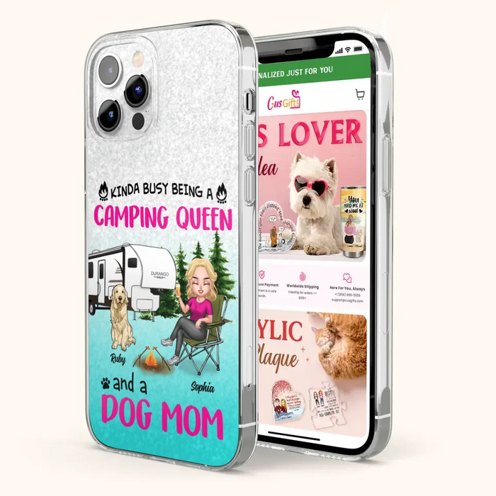 Custom Personalized Dog Camping Queen Phone Case - Upto 4 Dogs - Gift Idea For Dog Lovers/ Mother's Day - Kinda Busy Being A Camping Queen And A Dog Mom - Case For iPhone And Samsung