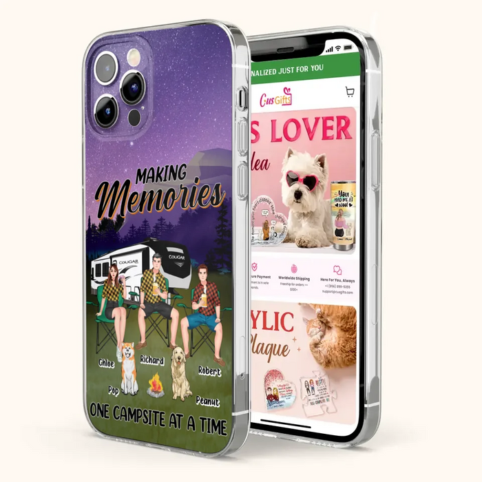 Custom Personalized Camping Phone Case - Gift Idea For Camping Lover/ Friends/ Couple - Upto 3 People And 2 Dogs - Making Memories One Campsite At A Time - Case For iPhone And Samsung