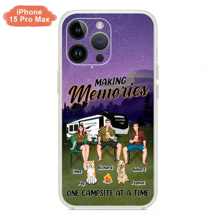 Custom Personalized Camping Phone Case - Gift Idea For Camping Lover/ Friends/ Couple - Upto 3 People And 2 Dogs - Making Memories One Campsite At A Time - Case For iPhone And Samsung