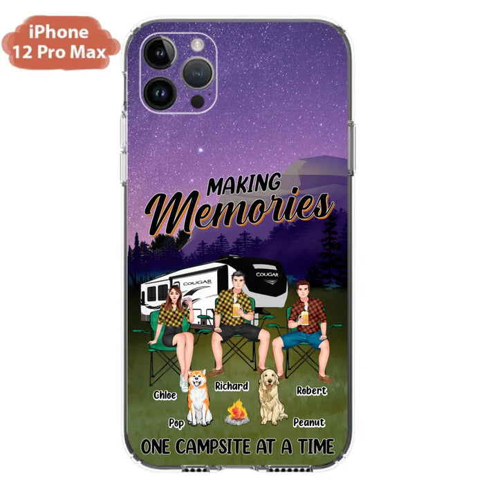 Custom Personalized Camping Phone Case - Gift Idea For Camping Lover/ Friends/ Couple - Upto 3 People And 2 Dogs - Making Memories One Campsite At A Time - Case For iPhone And Samsung