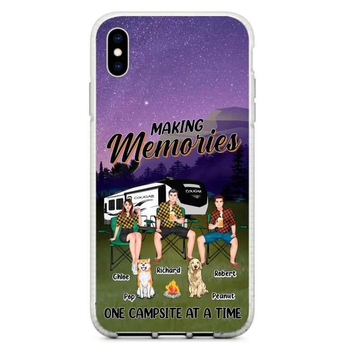 Custom Personalized Camping Phone Case - Gift Idea For Camping Lover/ Friends/ Couple - Upto 3 People And 2 Dogs - Making Memories One Campsite At A Time - Case For iPhone And Samsung