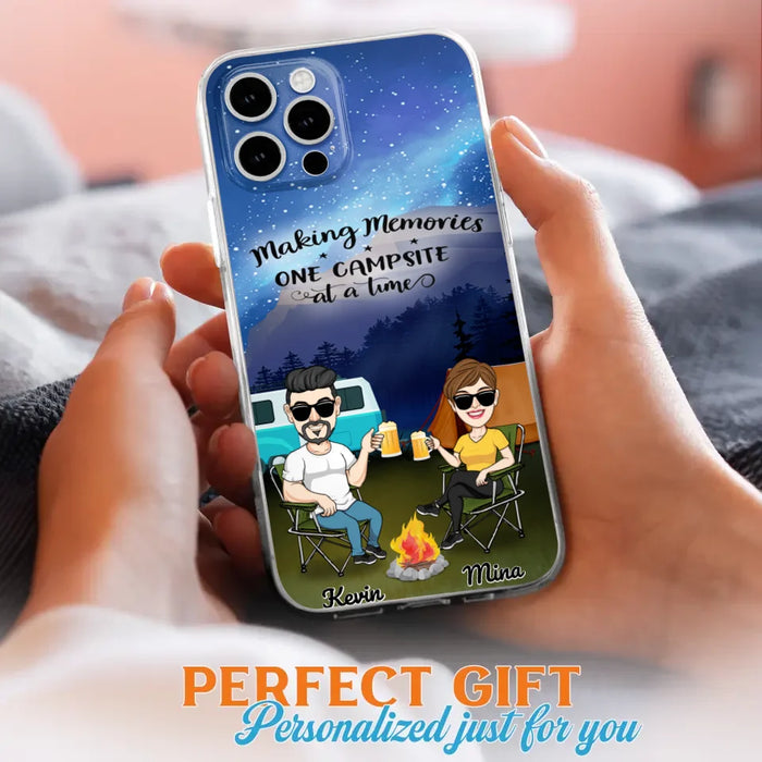 Custom Personalized Night Camping Phone Case - Couple With Up to 3 Dogs - Gift For Couple/ Camping Lover - Making Memories One Campsite At A Time - Case For iPhone And Samsung