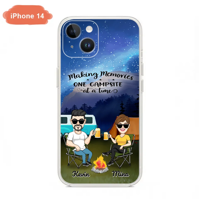 Custom Personalized Night Camping Phone Case - Couple With Up to 3 Dogs - Gift For Couple/ Camping Lover - Making Memories One Campsite At A Time - Case For iPhone And Samsung