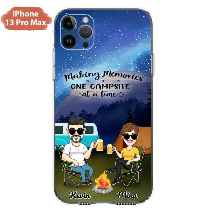 Custom Personalized Night Camping Phone Case - Couple With Up to 3 Dogs - Gift For Couple/ Camping Lover - Making Memories One Campsite At A Time - Case For iPhone And Samsung