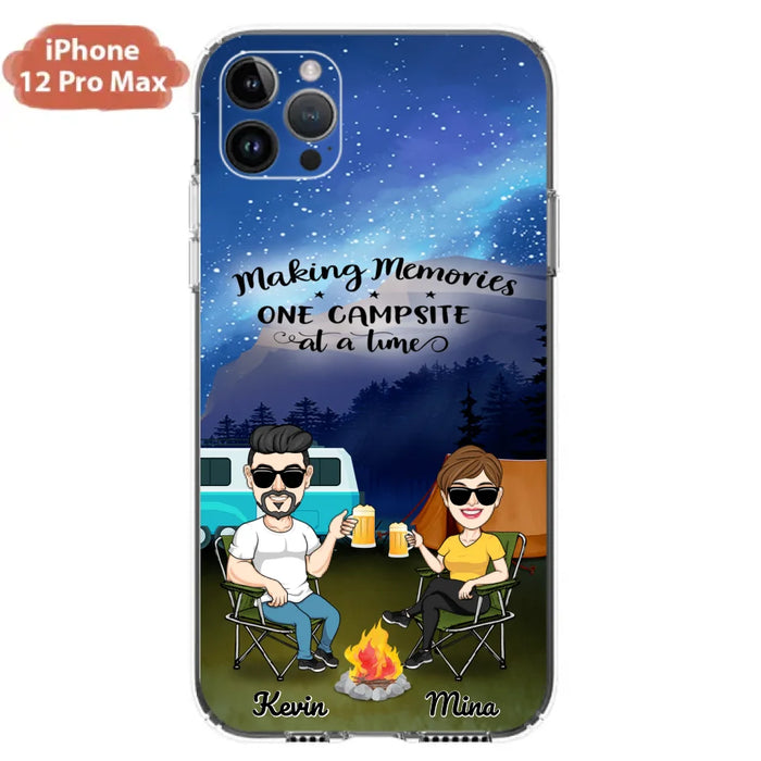 Custom Personalized Night Camping Phone Case - Couple With Up to 3 Dogs - Gift For Couple/ Camping Lover - Making Memories One Campsite At A Time - Case For iPhone And Samsung