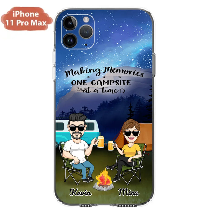 Custom Personalized Night Camping Phone Case - Couple With Up to 3 Dogs - Gift For Couple/ Camping Lover - Making Memories One Campsite At A Time - Case For iPhone And Samsung