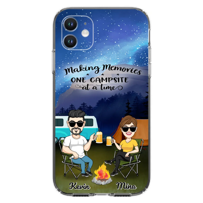 Custom Personalized Night Camping Phone Case - Couple With Up to 3 Dogs - Gift For Couple/ Camping Lover - Making Memories One Campsite At A Time - Case For iPhone And Samsung