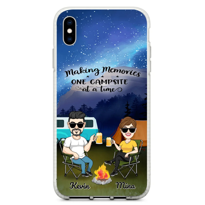 Custom Personalized Night Camping Phone Case - Couple With Up to 3 Dogs - Gift For Couple/ Camping Lover - Making Memories One Campsite At A Time - Case For iPhone And Samsung