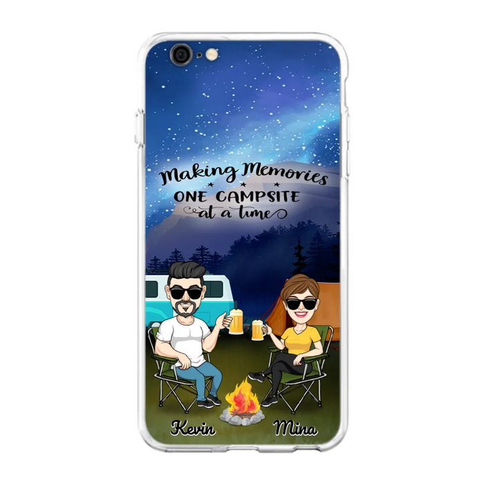 Custom Personalized Night Camping Phone Case - Couple With Up to 3 Dogs - Gift For Couple/ Camping Lover - Making Memories One Campsite At A Time - Case For iPhone And Samsung