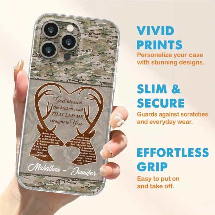 Custom Personalized Deer Hunting Heart Phone Case - Gift Idea For Couple - God Blessed The Broken Road That Led Me Straight To You - Case For iPhone And Samsung