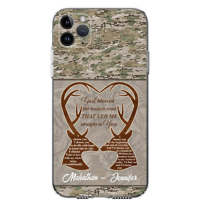 Custom Personalized Deer Hunting Heart Phone Case - Gift Idea For Couple - God Blessed The Broken Road That Led Me Straight To You - Case For iPhone And Samsung