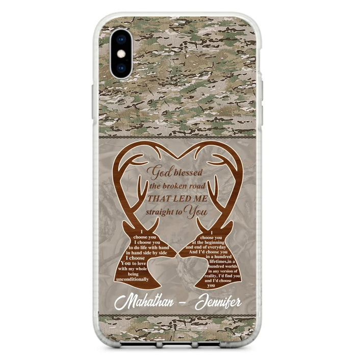 Custom Personalized Deer Hunting Heart Phone Case - Gift Idea For Couple - God Blessed The Broken Road That Led Me Straight To You - Case For iPhone And Samsung