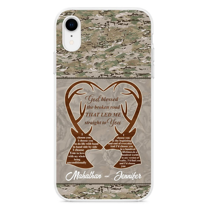 Custom Personalized Deer Hunting Heart Phone Case - Gift Idea For Couple - God Blessed The Broken Road That Led Me Straight To You - Case For iPhone And Samsung