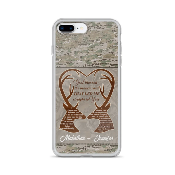 Custom Personalized Deer Hunting Heart Phone Case - Gift Idea For Couple - God Blessed The Broken Road That Led Me Straight To You - Case For iPhone And Samsung