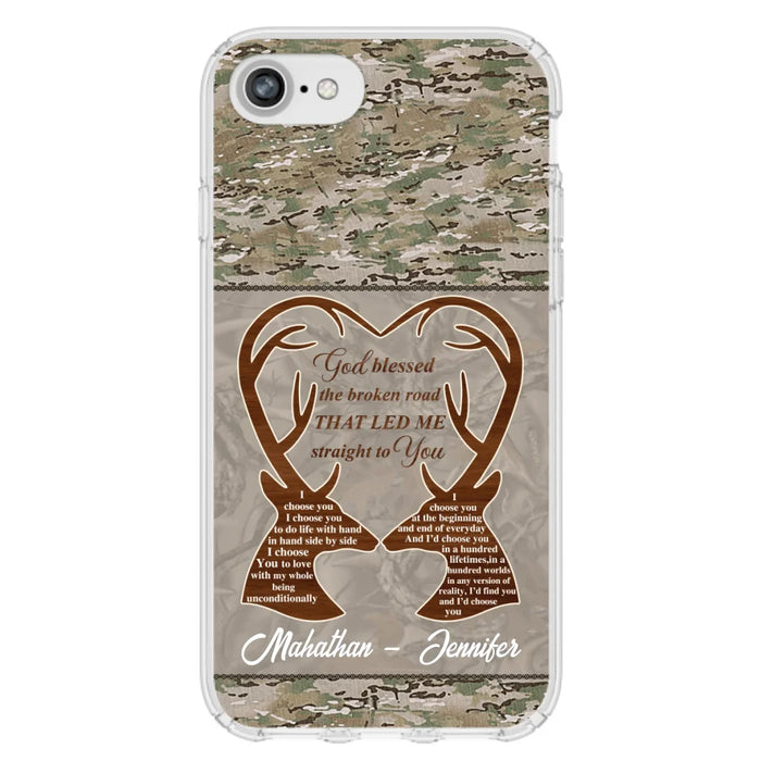 Custom Personalized Deer Hunting Heart Phone Case - Gift Idea For Couple - God Blessed The Broken Road That Led Me Straight To You - Case For iPhone And Samsung