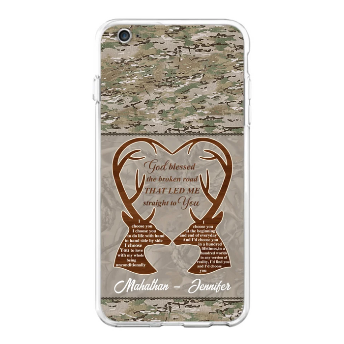 Custom Personalized Deer Hunting Heart Phone Case - Gift Idea For Couple - God Blessed The Broken Road That Led Me Straight To You - Case For iPhone And Samsung