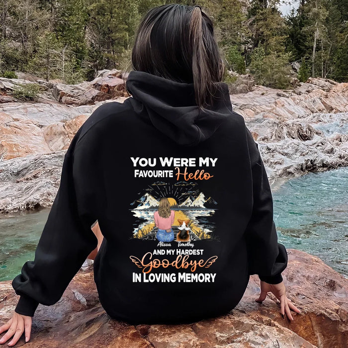 Custom Personalized Memorial Pet Pullover Hoodie  - Up To 5 Pets - Gift Idea For Dog Lovers - You Were My Favourite Hello And My Hardest Goodbye In Loving Memory