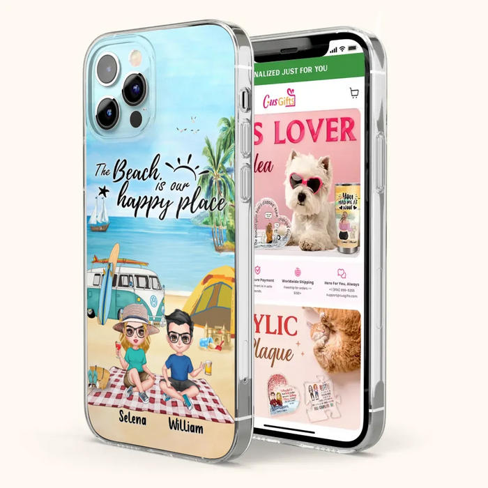 Custom Personalized Summer Beach Picnic Camping Phone Case - Upto 5 People - Gift Idea For Camping Couple/ Friends - The Beach Is Our Happy Place - Case For iPhone And Samsung