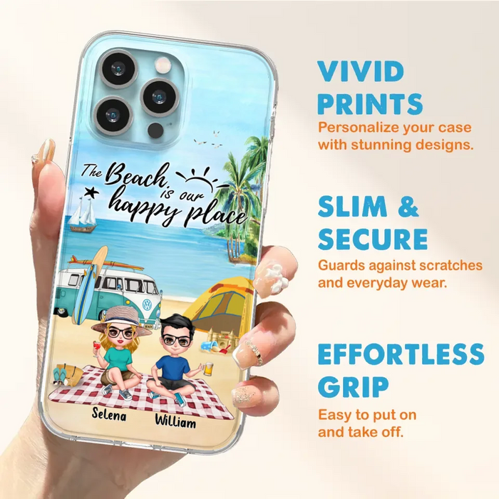 Custom Personalized Summer Beach Picnic Camping Phone Case - Upto 5 People - Gift Idea For Camping Couple/ Friends - The Beach Is Our Happy Place - Case For iPhone And Samsung