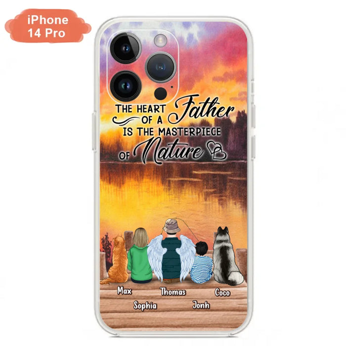 Custom Personalized Father Fishing Phone Case - Father With Up to 2 Kids And 2 Pets - Gift Idea For Father/ Fishing Lover - The Heart Of A Father Is The Masterpiece Of Nature - Case For iPhone And Samsung