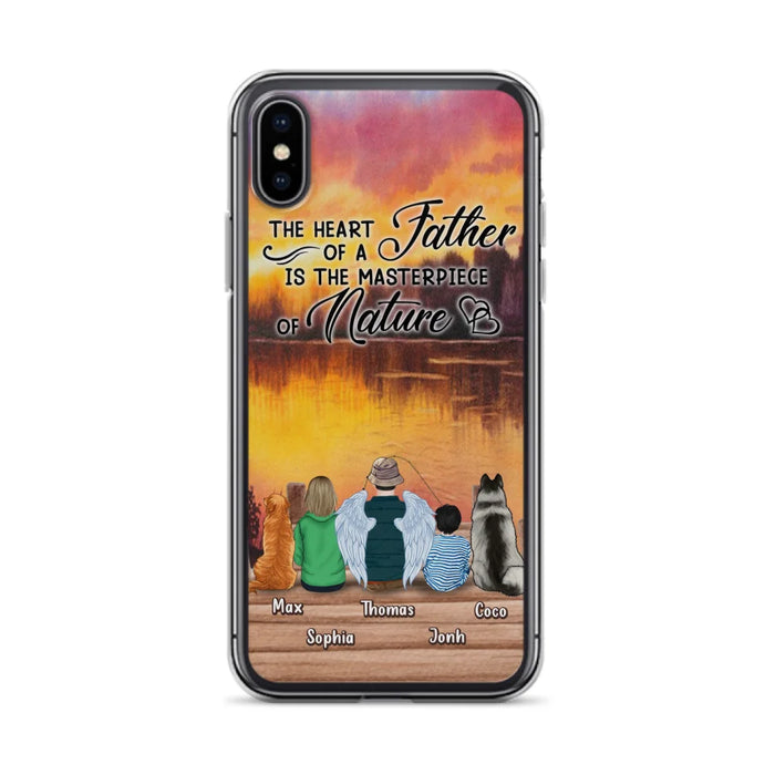 Custom Personalized Father Fishing Phone Case - Father With Up to 2 Kids And 2 Pets - Gift Idea For Father/ Fishing Lover - The Heart Of A Father Is The Masterpiece Of Nature - Case For iPhone And Samsung