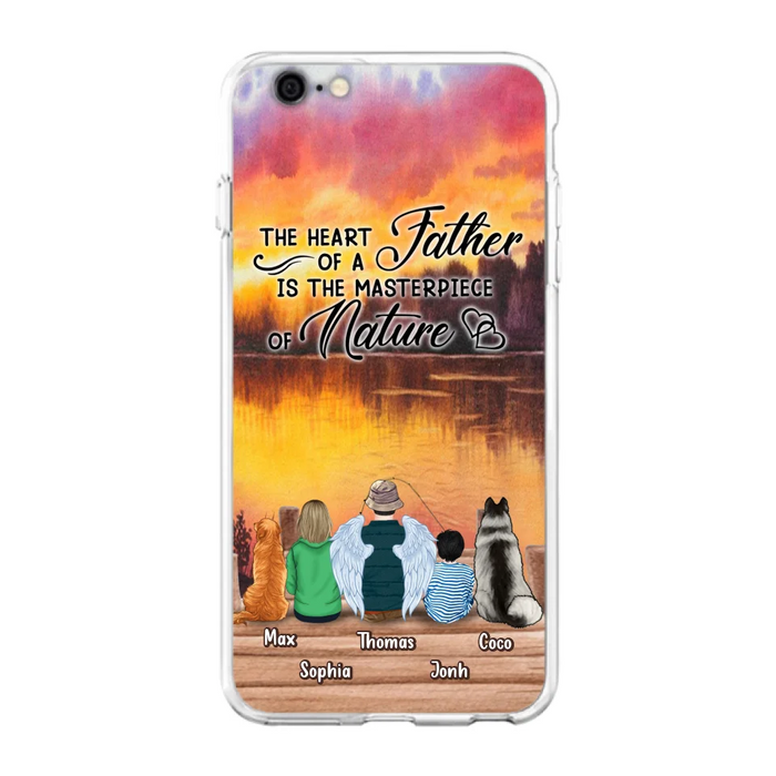 Custom Personalized Father Fishing Phone Case - Father With Up to 2 Kids And 2 Pets - Gift Idea For Father/ Fishing Lover - The Heart Of A Father Is The Masterpiece Of Nature - Case For iPhone And Samsung