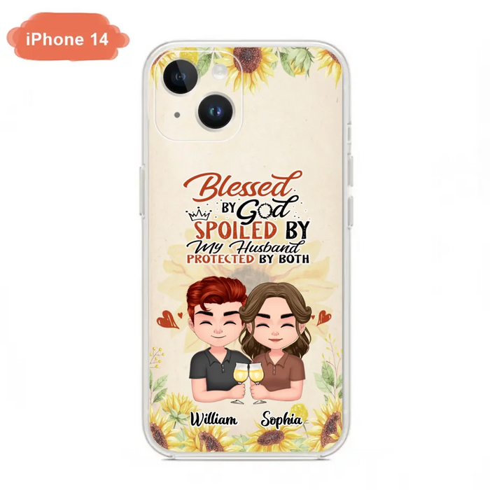 Custom Personalized Chibi Couple Phone Case - Gift Idea For Couple - Blessed By God, Spoiled By My Husband, Protected By Both - Case For iPhone & Samsung