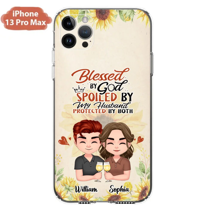 Custom Personalized Chibi Couple Phone Case - Gift Idea For Couple - Blessed By God, Spoiled By My Husband, Protected By Both - Case For iPhone & Samsung