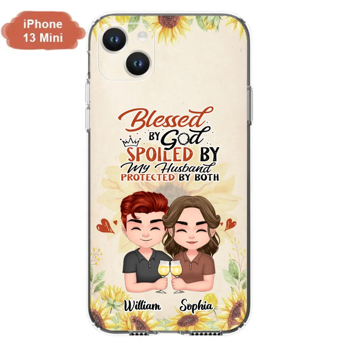 Custom Personalized Chibi Couple Phone Case - Gift Idea For Couple - Blessed By God, Spoiled By My Husband, Protected By Both - Case For iPhone & Samsung