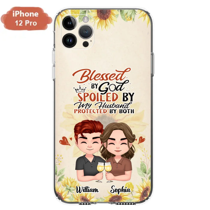 Custom Personalized Chibi Couple Phone Case - Gift Idea For Couple - Blessed By God, Spoiled By My Husband, Protected By Both - Case For iPhone & Samsung